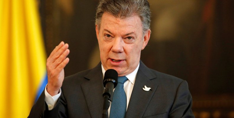 Colombia's President Juan Manuel Santos  speaks during U.N. high level delegation visits Colombia to verify the disarmament process in Bogota