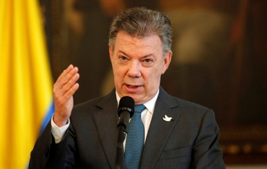 Colombia's President Juan Manuel Santos  speaks during U.N. high level delegation visits Colombia to verify the disarmament process in Bogota