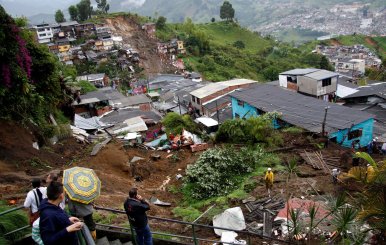 View of a neighborhood destroyed after mudslides, caused by heavy rains leading several rivers to overflow, pushing sediment and rocks into buildings and roads, in Manizales