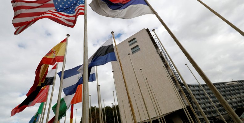 An American flag flies outside the headquarters of the United Nations Educational, Scientific and Cultural Organization (UNESCO) in Paris