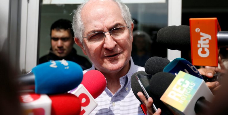 Antonio Ledezma, Venezuelan opposition leader, gives statements to the press during his arrival in Bogota