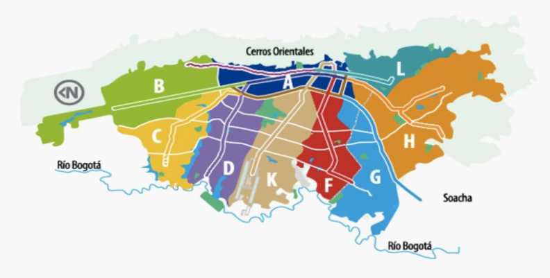 división de zonas de TransMilenio.