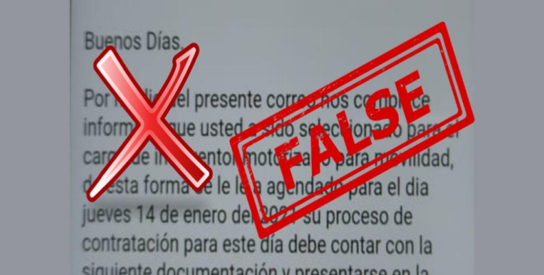 Aviso sobre proceso de contratación para Agentes Civiles de Tránsito es falso