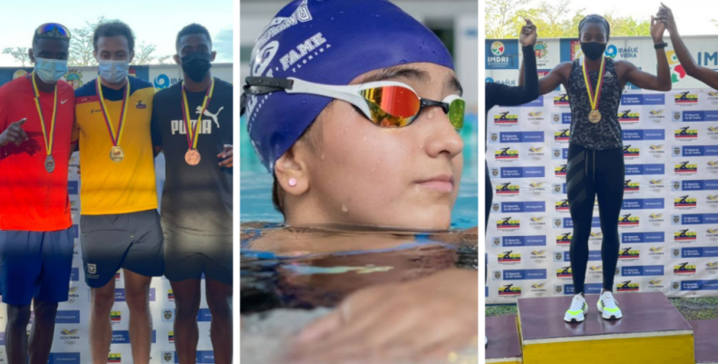 Evelis Aguilar, Sara Vargas y Nicolás Salinas se colgaron medallas de oro en atletismo y natación este fin de semana. Fotos: IDRD