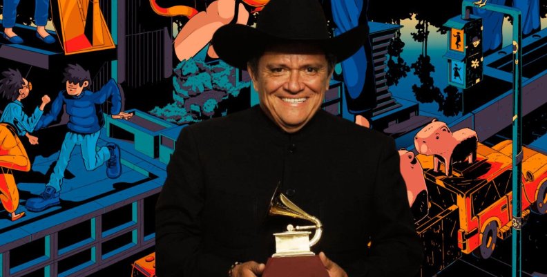 Un hombre con traje negro llanero, sombrero y un grammy en las manos