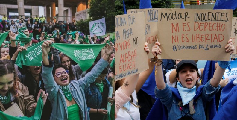 Dos imágenes contrapuestas: en una, feministas marchan en pro del aborto, en la otra, jóvenes pro-vida marchan contra el aborto.