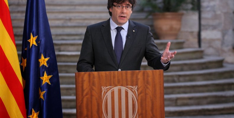 Sacked Catalan President Carles Puigdemont delivers an address in Girona