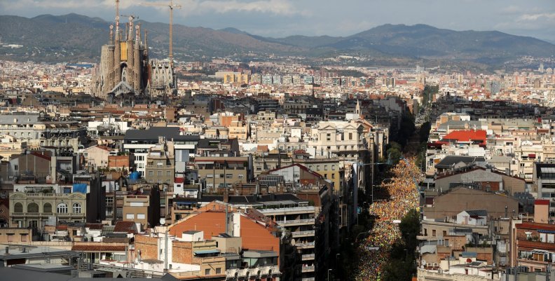 The Sagrada Familia cathedral is seen as thousands of people gather for a rally on Catalonia's national day 'La Diada' in Barcelona