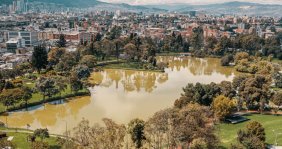 Un lago con árboles alrededor