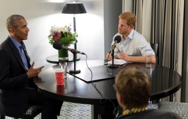 Britain's Prince Harry is seen interviewing former U.S. President Barack Obama, in Canada, in a 'Today Programme' exclusive, in this undated still image taken from video and received via 'The Today Programme on the BBC Radio 4' in London