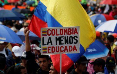 Colombian teachers and unions protest, demanding better salaries and working conditions, in Bogota