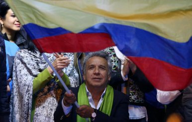 Ecuadorean presidential candidate Lenin Moreno waits for the results of the national election in a hotel in Quito