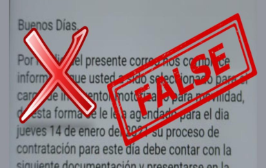 Aviso sobre proceso de contratación para Agentes Civiles de Tránsito es falso