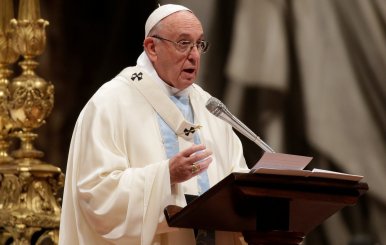 Pope Francis speaks as he leads a mass to mark the World Day of Peace in Saint Peter's Basilica at the Vatican