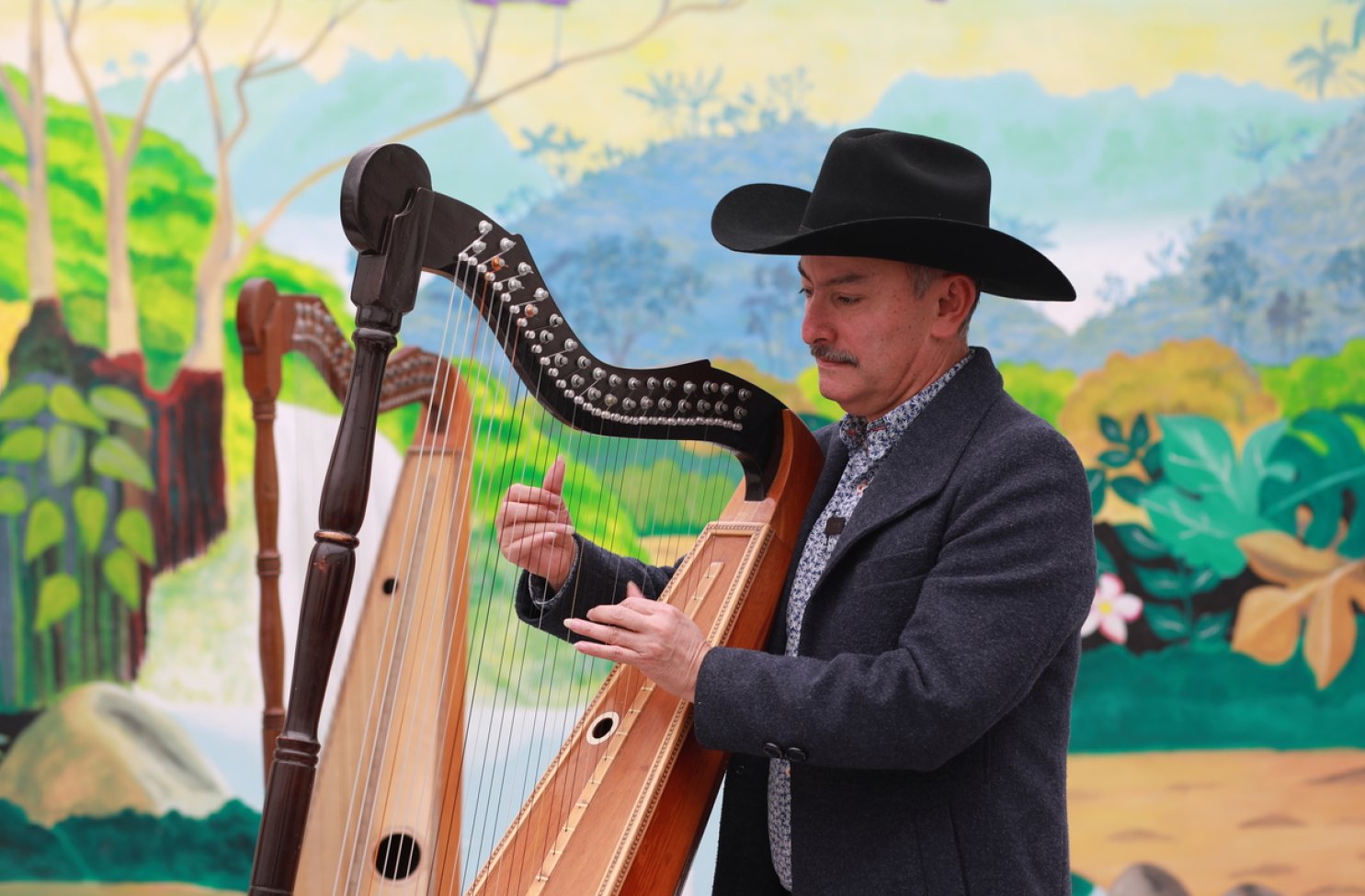 Hombre tocando el arpa llanera 
